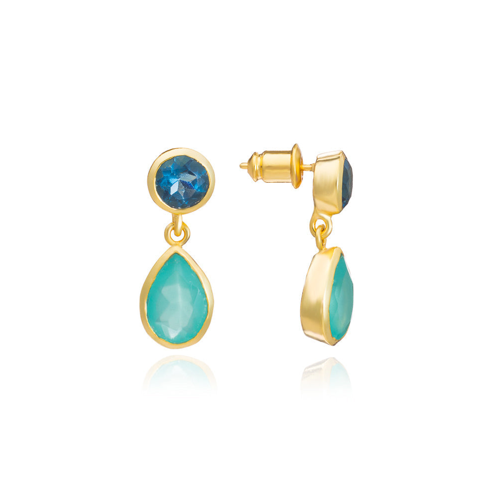 Gold Double Gemstone Drop Earrings with Pariba Onyx & Iolite Azuni London