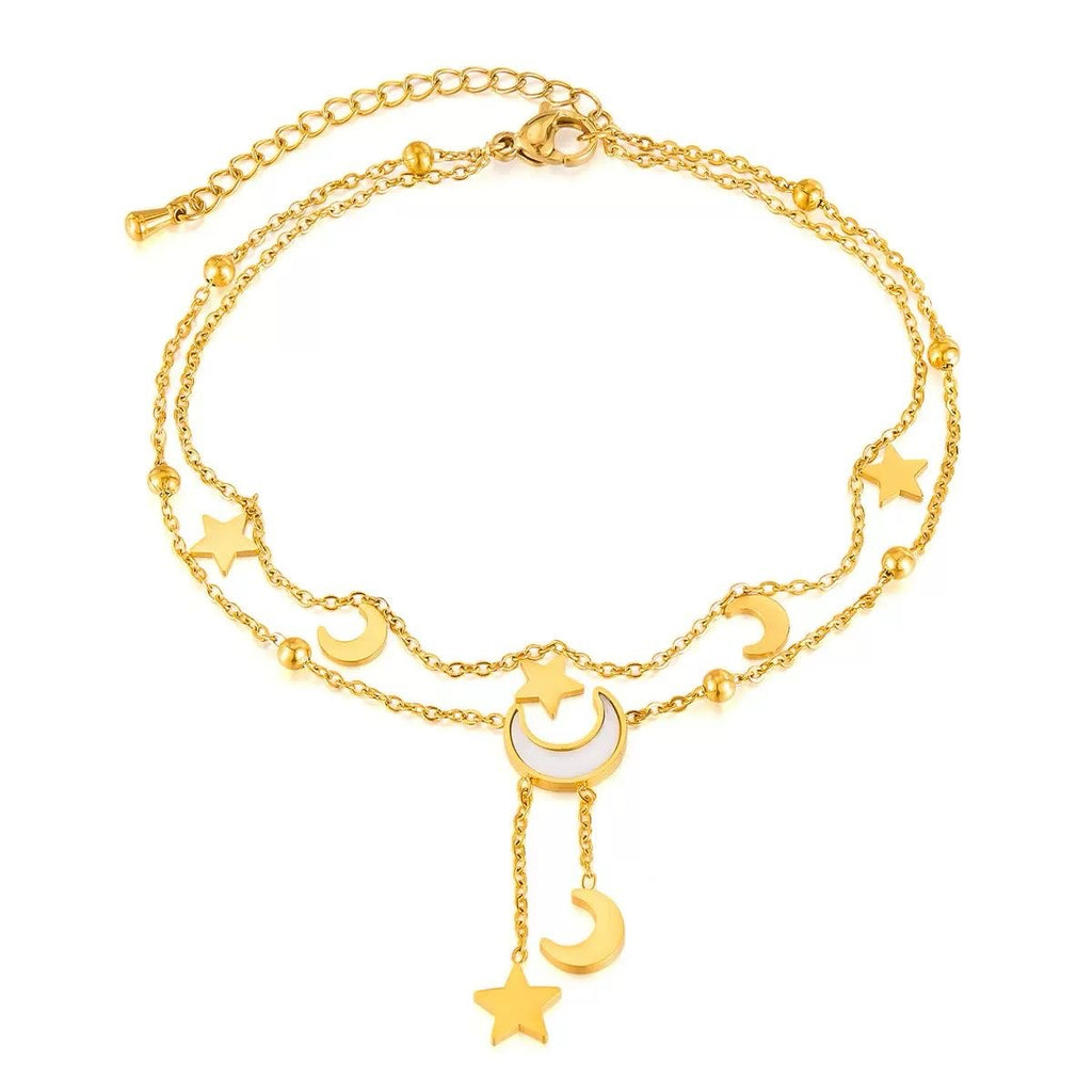 Cassia Luxe 18k Gold Double Layer Celestial Moon and Star Gold Anklet LUXE TONES