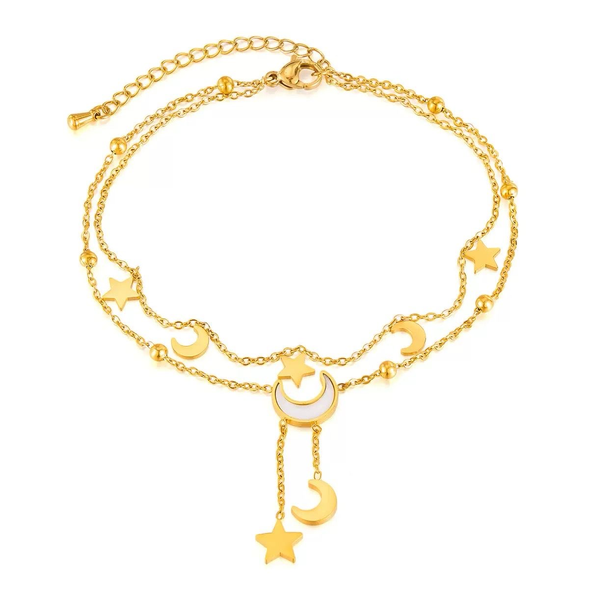 Cassia Luxe 18k Gold Double Layer Celestial Moon and Star Gold Anklet LUXE TONES