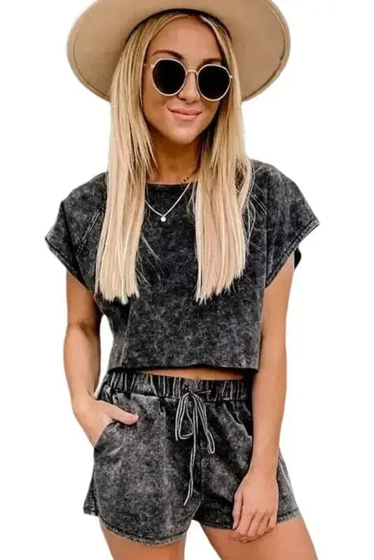 Black Acid Washed Short Lounge Set Fashionfitz