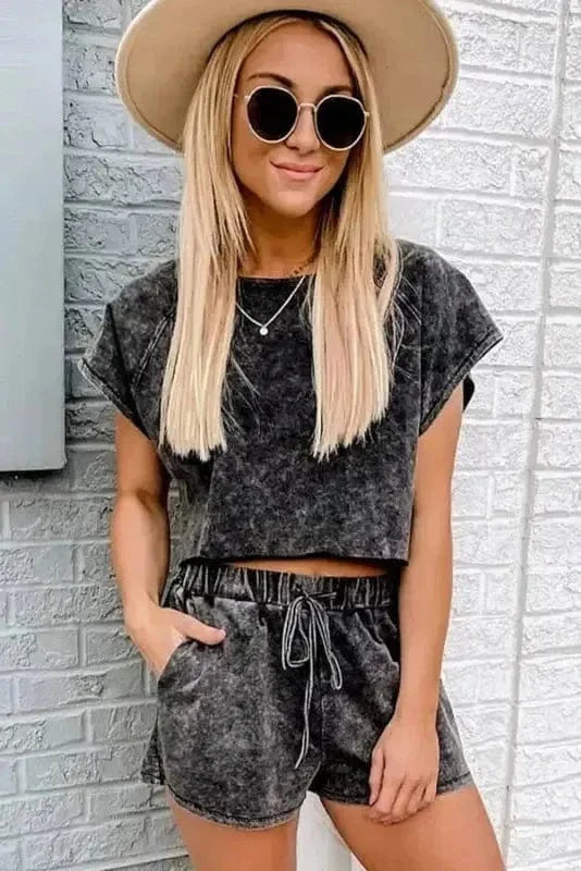Black Acid Washed Short Lounge Set Fashionfitz