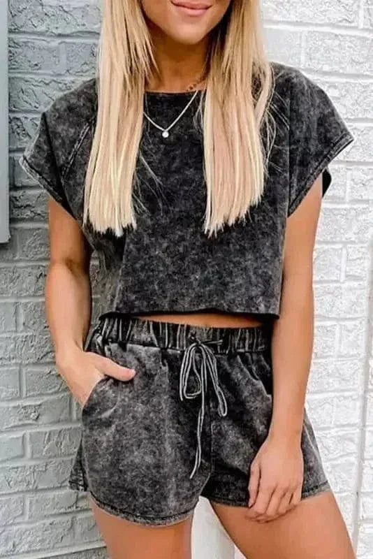 Black Acid Washed Short Lounge Set Fashionfitz