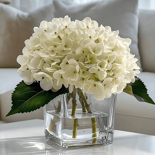 Faux Cream Hydrangeas Floral Arrangement in Square Glass Vase - Rosey's Creations