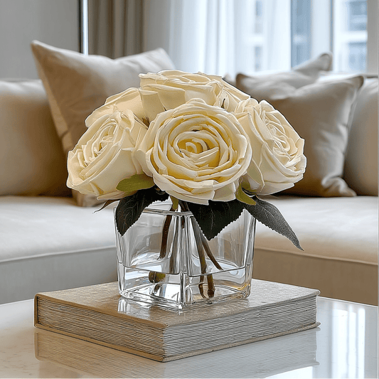 Faux Cream Rose Floral Arrangement in Square Glass Vase - Rosey's Creations