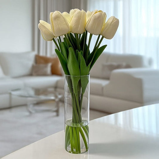 Faux Cream Tulip Floral Arrangement in Tall Glass Vase - Rosey's Creations