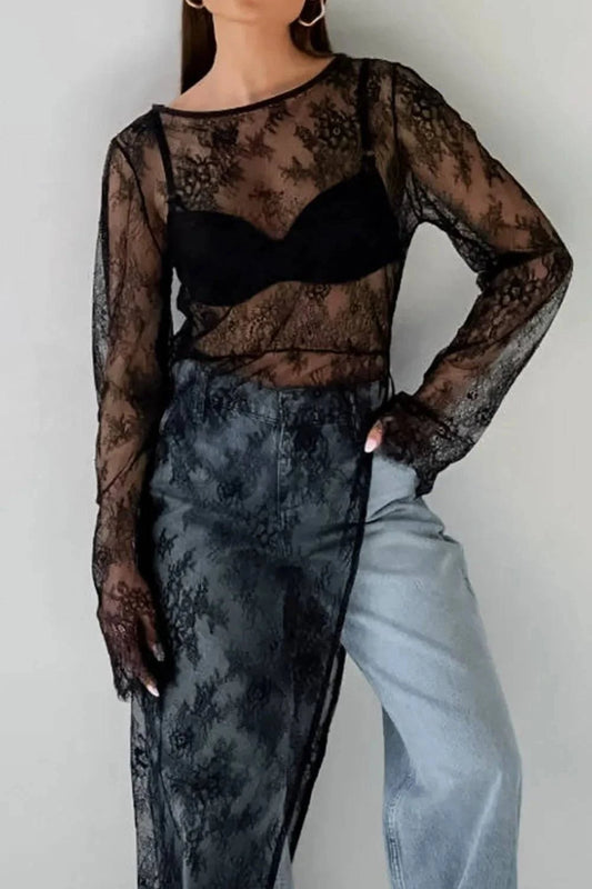 Fringe Round Neck Long Sleeve Lace Sheer Top - Rosey's Creations