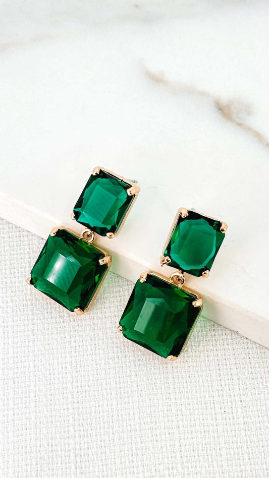 Gold and Green Faceted Glass Drop Earrings | Elegant Statement Jewellery.
