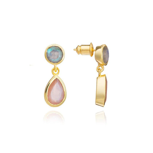 Gold Double Gemstone Drop Earrings with Peach Moonstone & Labradorite.