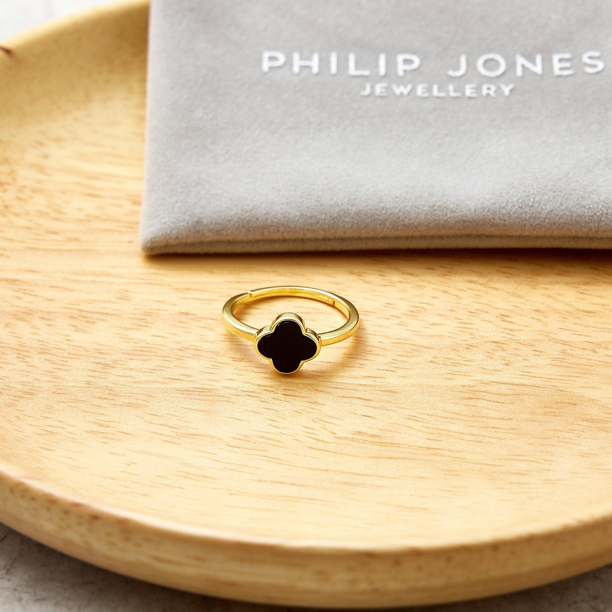 Gold Plated Black Onyx Gemstone Adjustable Clover Ring Philip Jones Jewellery