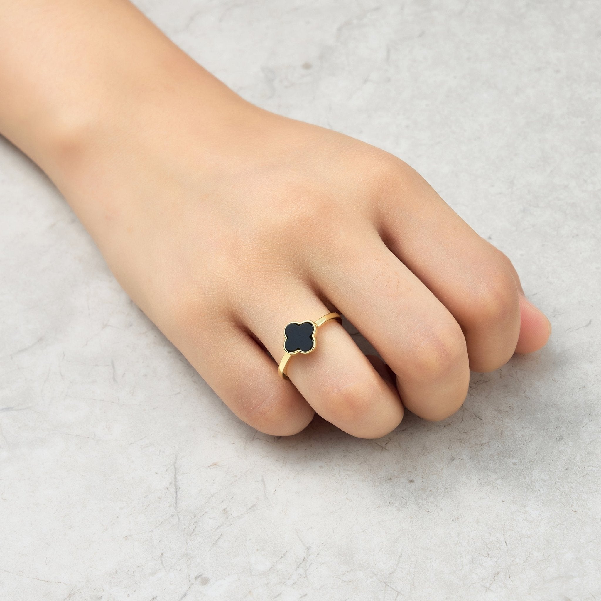Gold Plated Black Onyx Gemstone Adjustable Clover Ring Philip Jones Jewellery