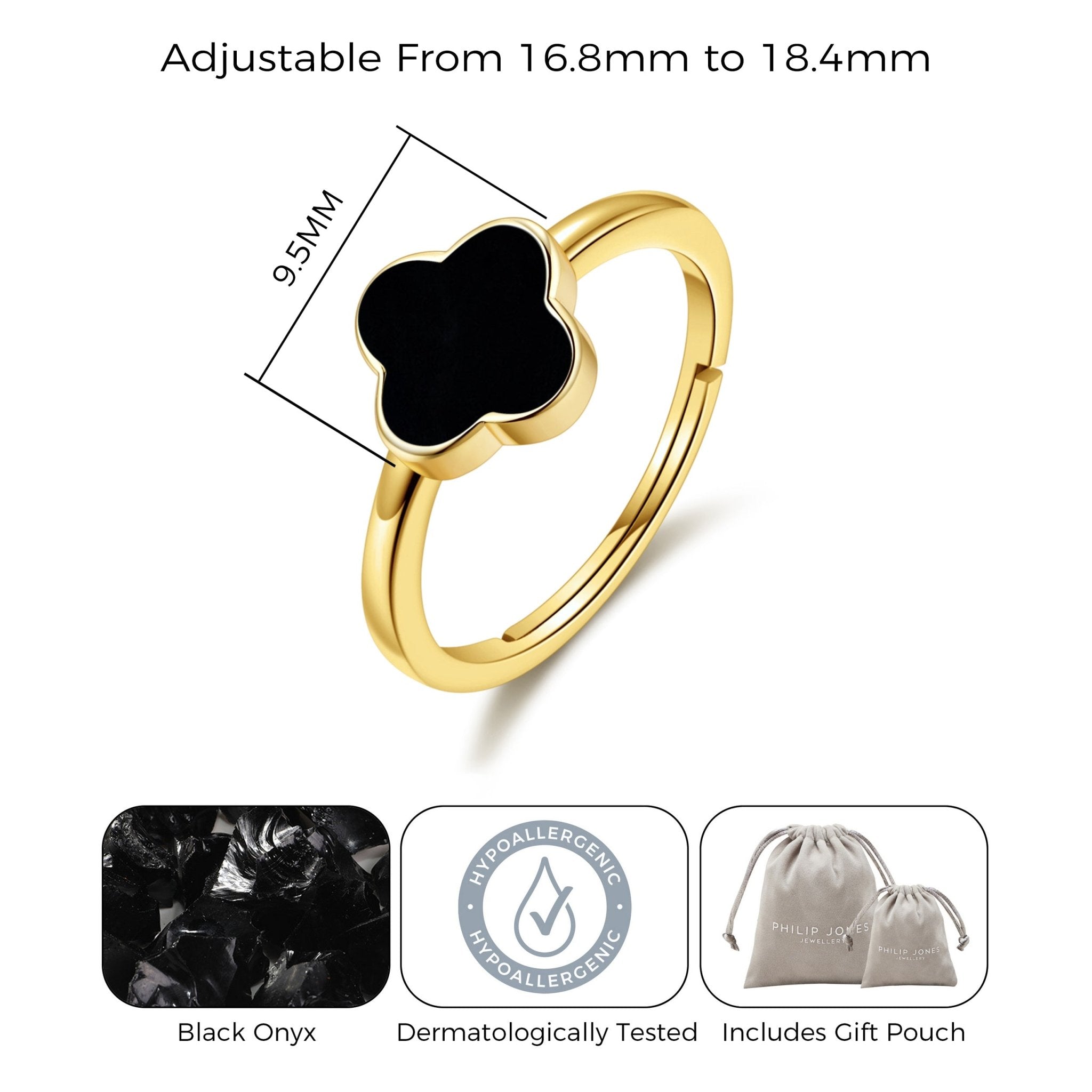 Gold Plated Black Onyx Gemstone Adjustable Clover Ring Philip Jones Jewellery