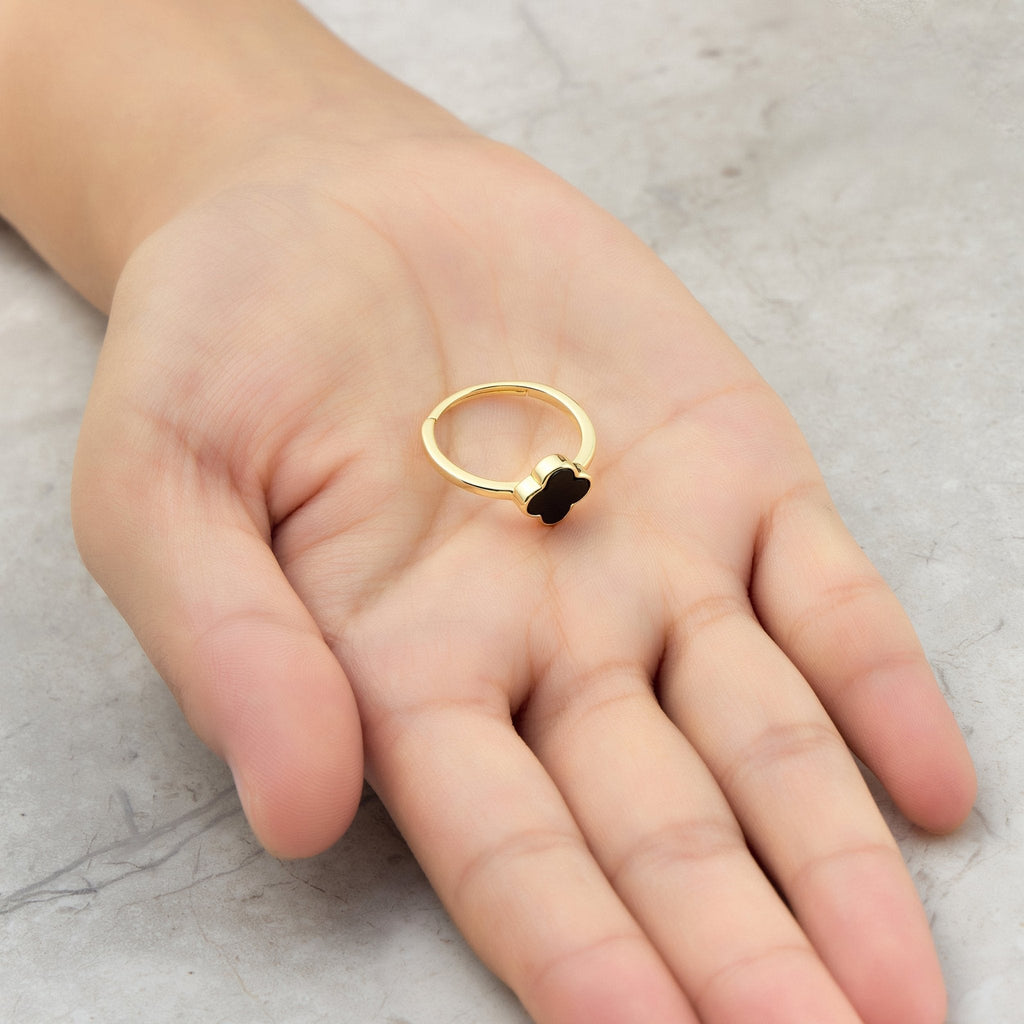 Gold Plated Black Onyx Gemstone Adjustable Clover Ring Philip Jones Jewellery