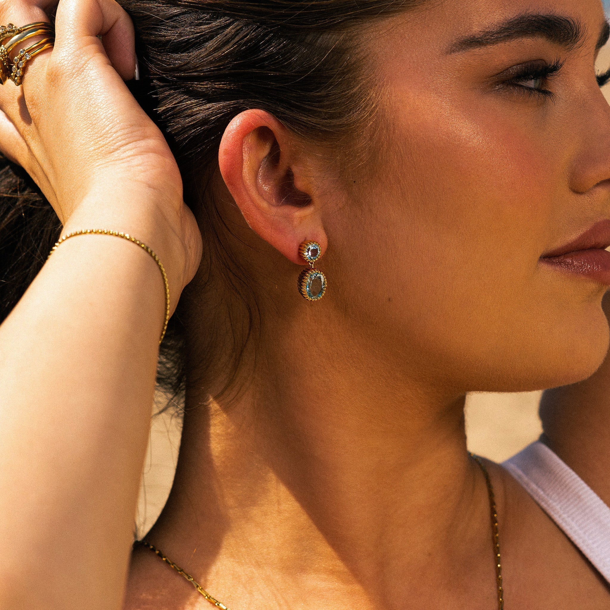 Gold Sky Blue Topaz Aurelia Earrings Dainty London