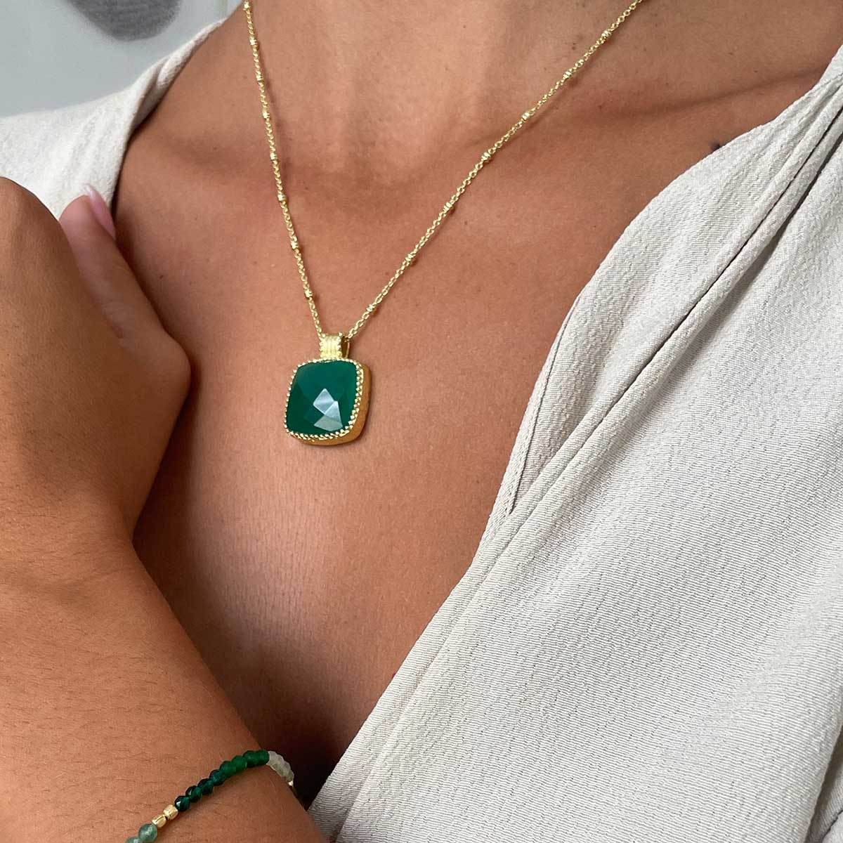 Tetra Large Square Gemstone Pendant  Green Onyx Azuni London