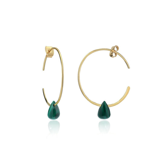 Hera Wire Hoop Earrings with Teardrop Stone: Gold Malachite.