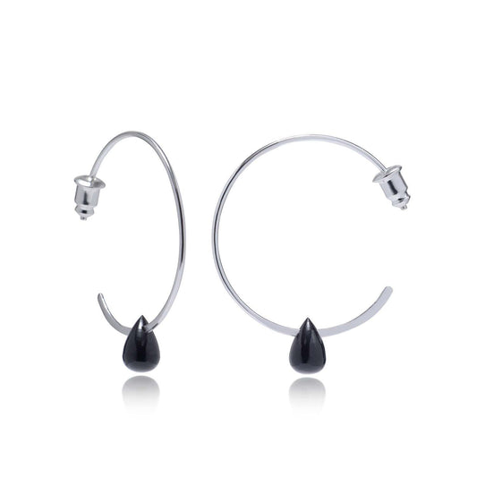 Hera Wire Hoop Earrings with Teardrop Stone: Silver Black Onyx.