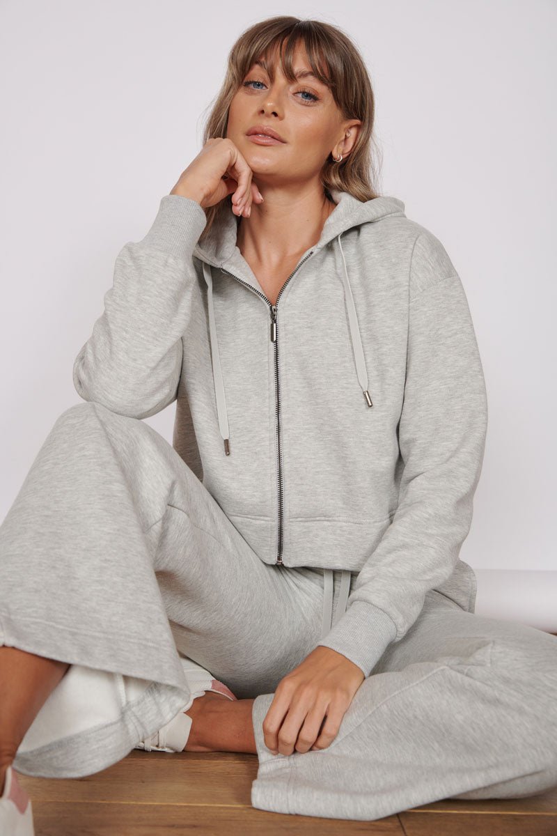 Rosa Light Grey Zip Through Cropped Hoodie Jeetly.com