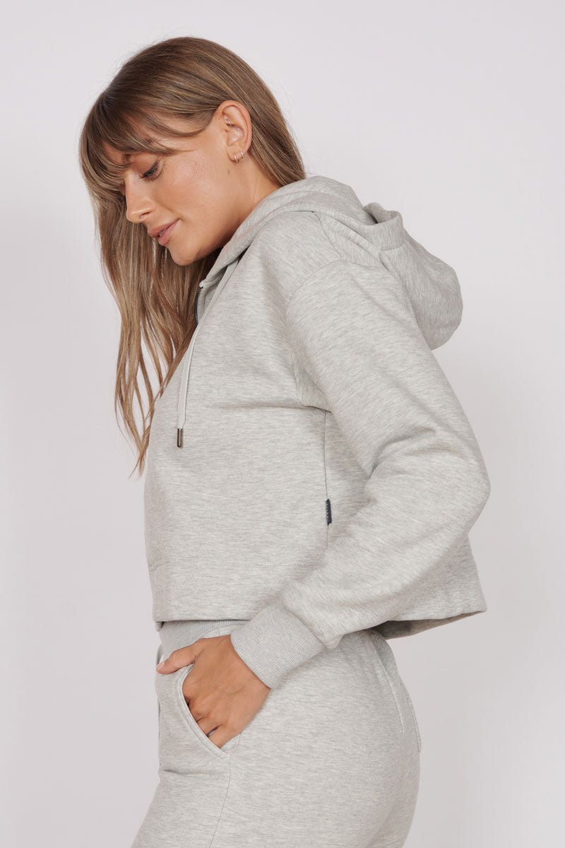 Rosa Light Grey Zip Through Cropped Hoodie Jeetly.com