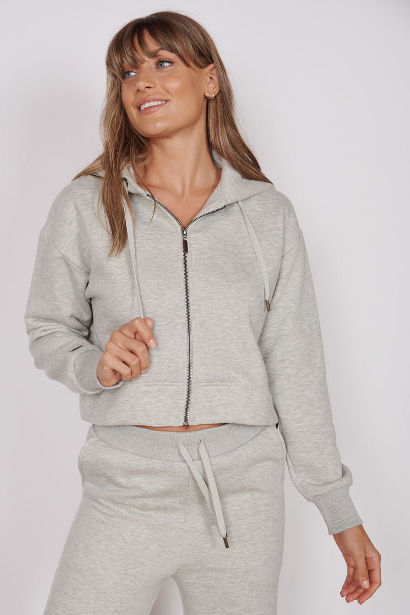 Rosa Light Grey Zip Through Cropped Hoodie Jeetly.com
