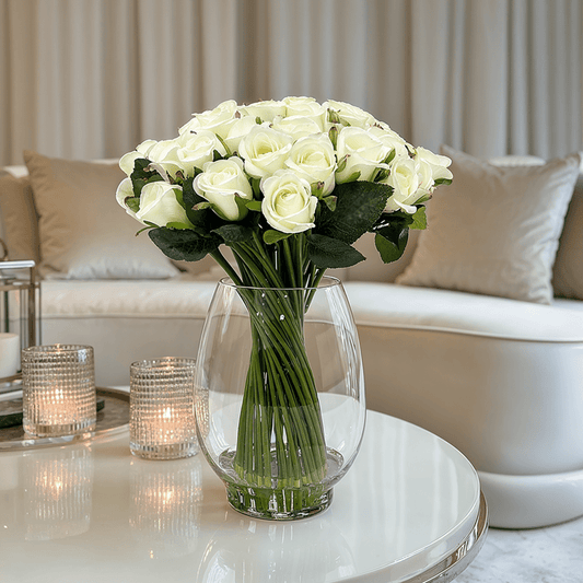 Large Cream Faux Rose Arrangement in Fishbowl Vase - Rosey's Creations