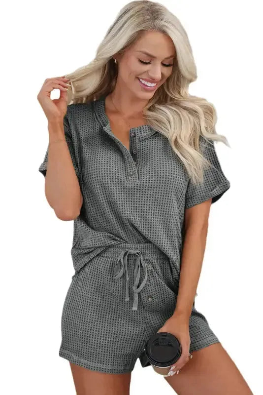Laurel Green Waffle Knit Buttoned Top and Drawstring Shorts Set Fashionfitz