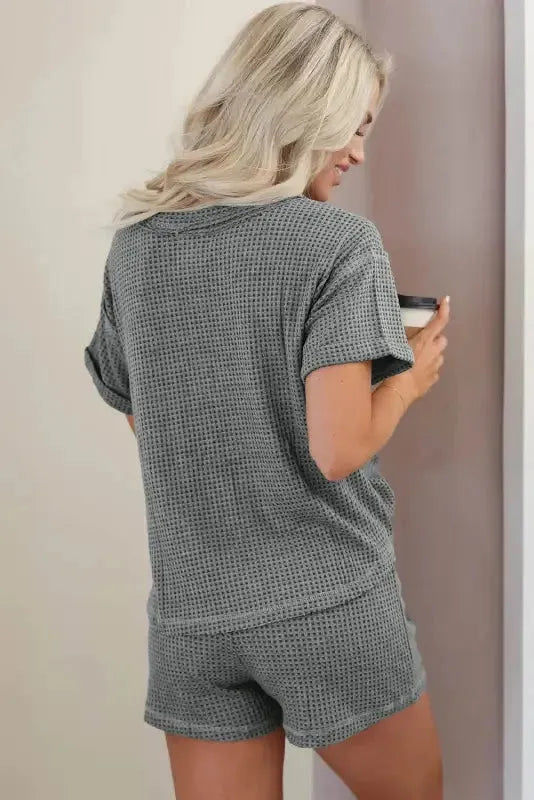 Laurel Green Waffle Knit Buttoned Top and Drawstring Shorts Set Fashionfitz