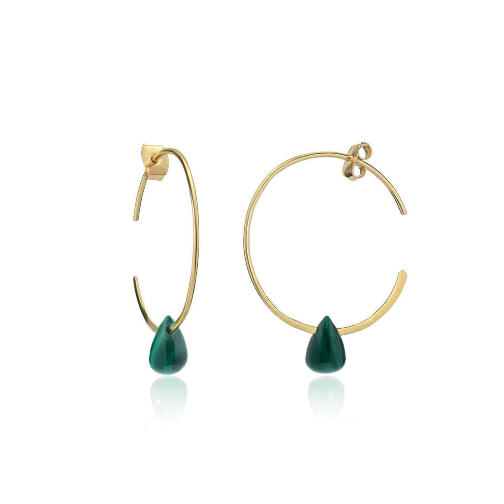 Hera Wire Hoop Earrings with Teardrop Stone: Gold Malachite Azuni London