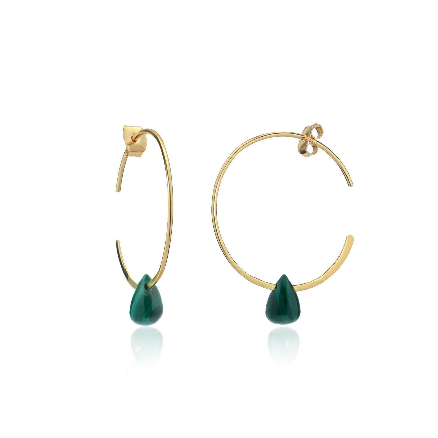 Hera Wire Hoop Earrings with Teardrop Stone: Gold Malachite Azuni London