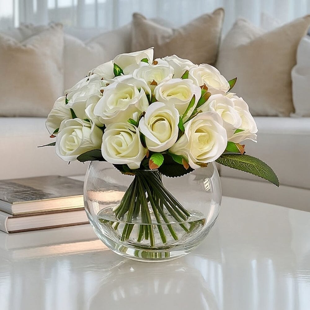 Medium Cream Faux Rose Arrangement in Fishbowl Vase - Rosey's Creations