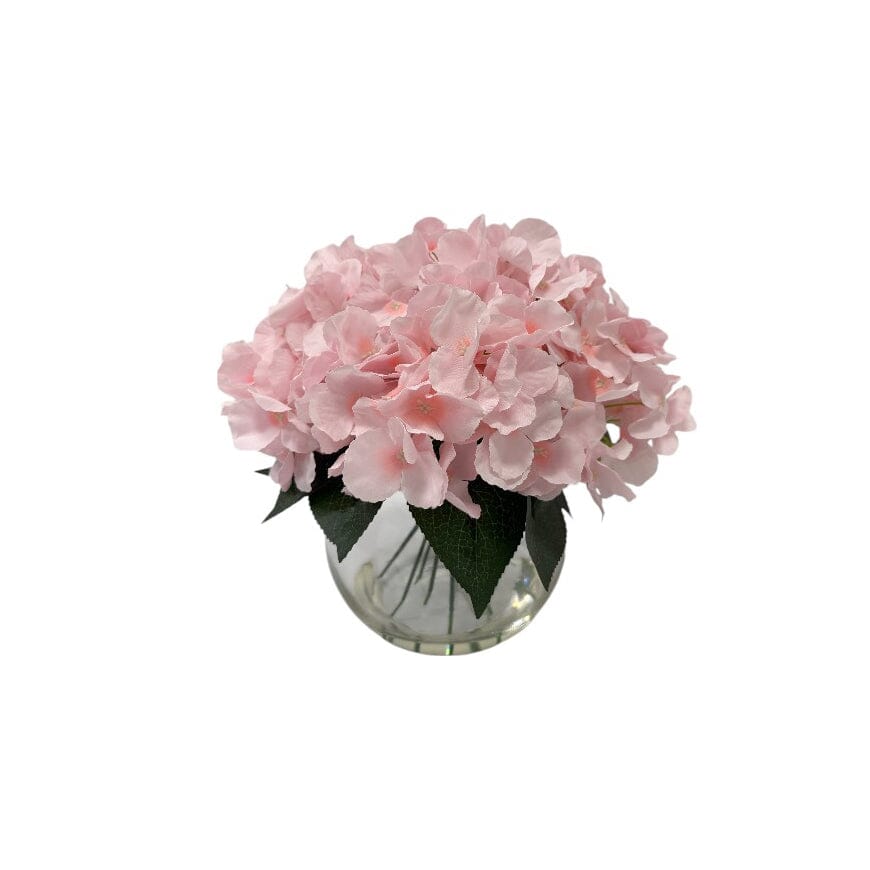 Medium Faux Dusky Pink Hydrangeas Floral Arrangement in Fishbowl Vase - Rosey's Creations