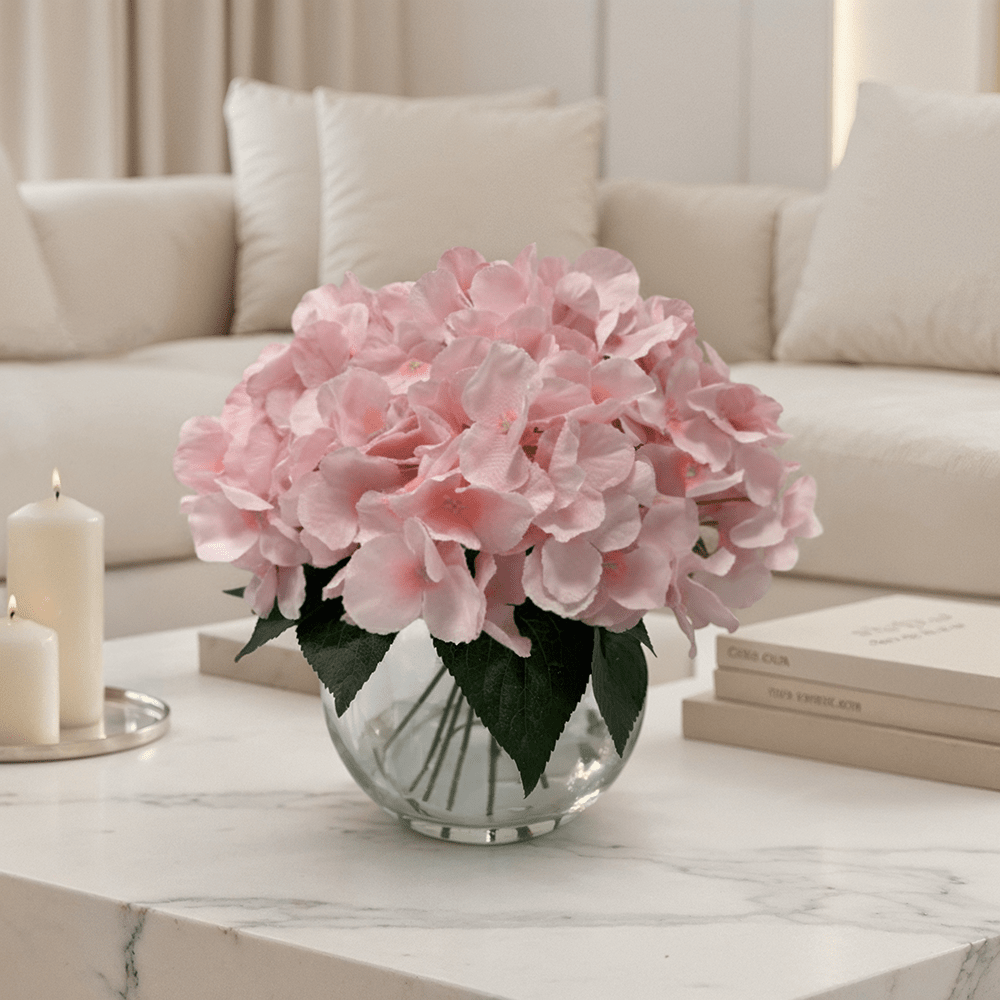 Medium Faux Dusky Pink Hydrangeas Floral Arrangement in Fishbowl Vase - Rosey's Creations