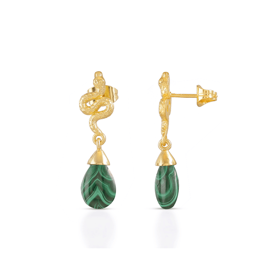 Medusa Small Gemstone Drop Earrings Malachite.