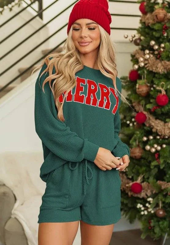 MERRY Round Neck Long Sleeve Top and Shorts Lounge Set - Rosey's Creations