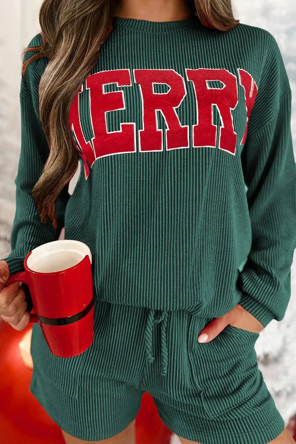 MERRY Round Neck Long Sleeve Top and Shorts Lounge Set - Rosey's Creations