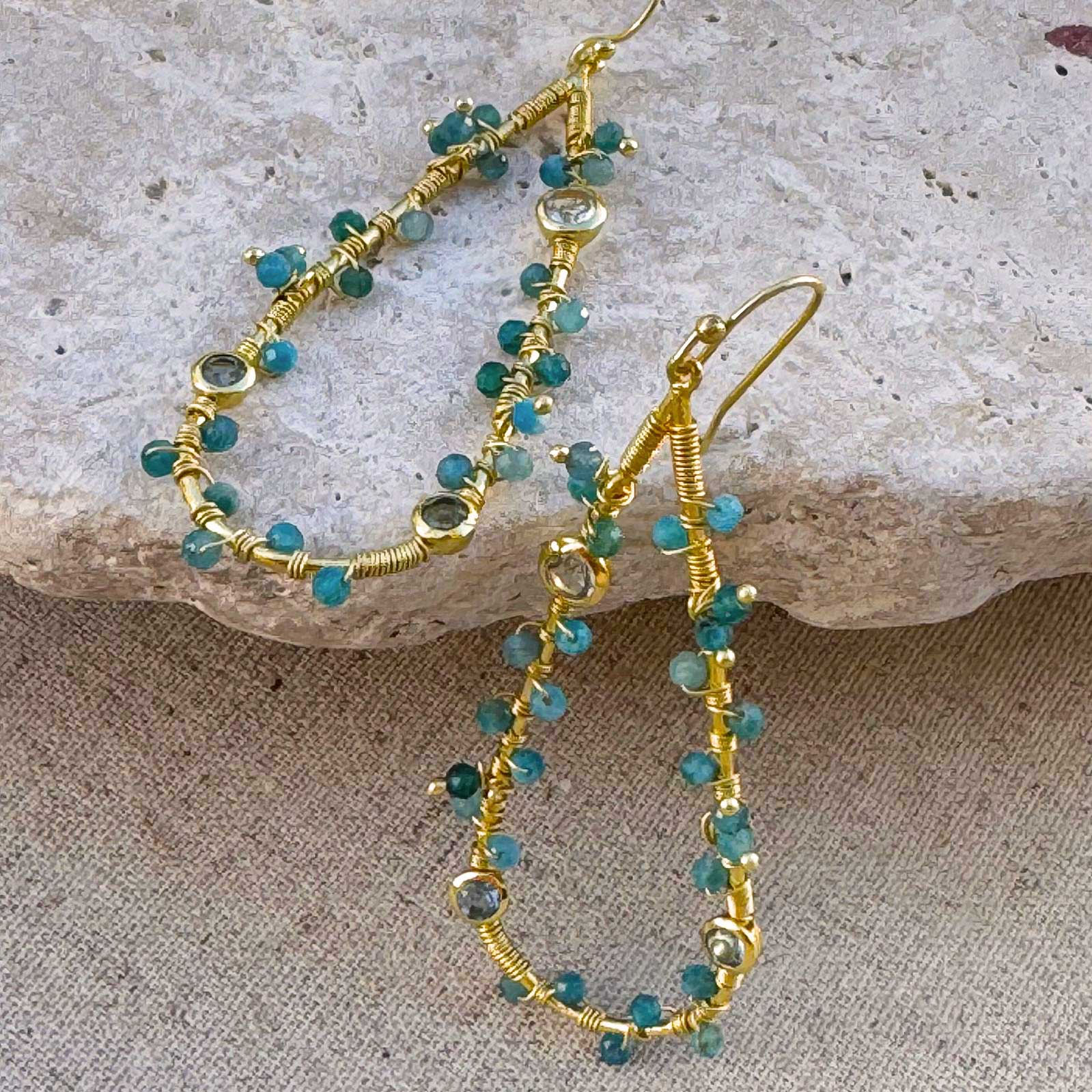 Hydra Large Teardrop Wire-Wrapped Gemstone Earrings Iolite, Blue Topaz & Apatite Azuni London