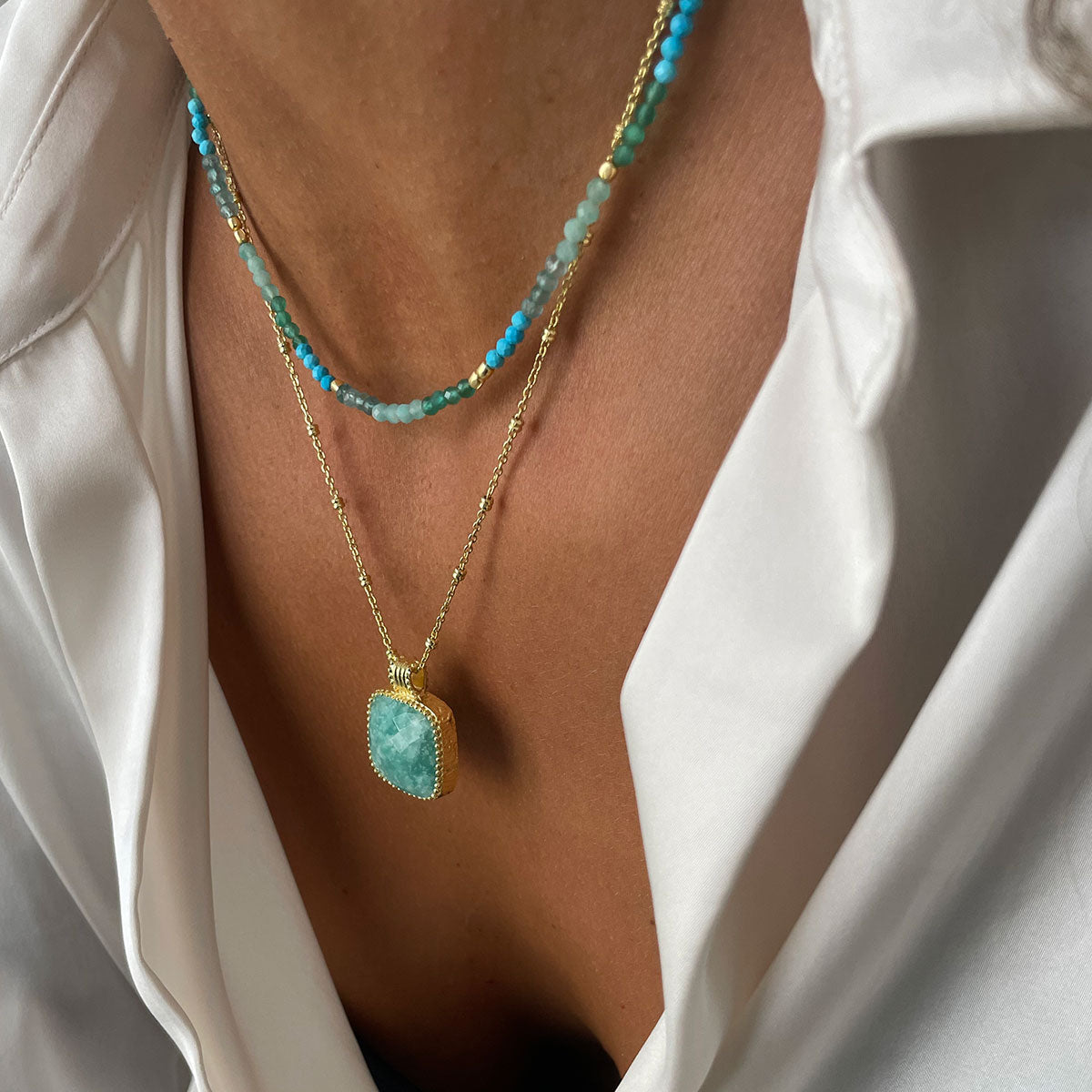 Milos Mixed Gemstone Beaded Necklace  Amazonite, Copper Turquoise & Green Jade Azuni London