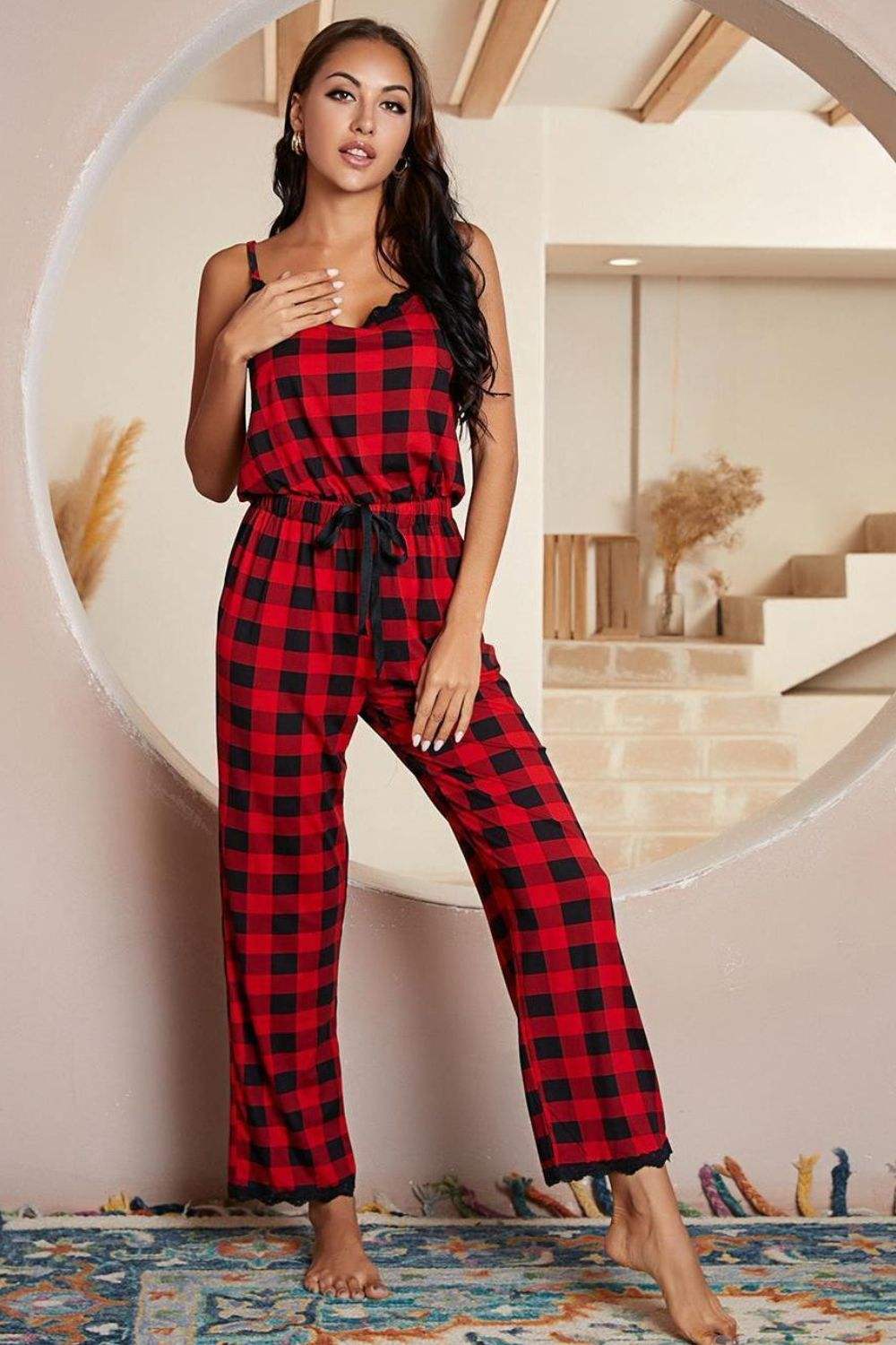 Plaid Lace Trim Spaghetti Strap Jumpsuit - Rosey's Creations