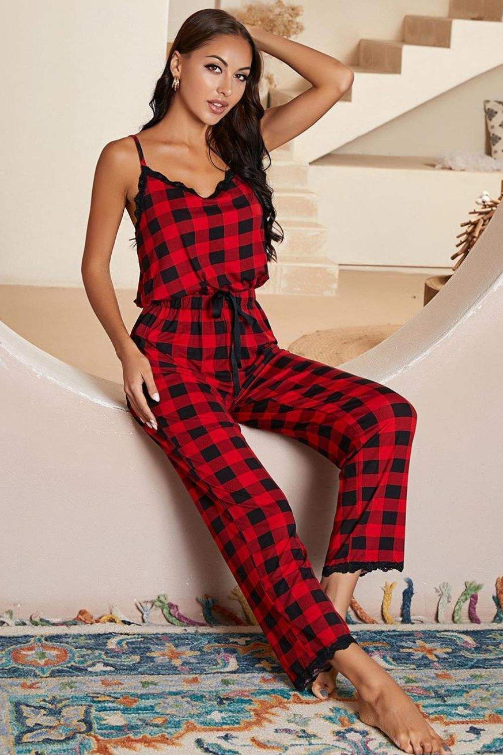 Plaid Lace Trim Spaghetti Strap Jumpsuit - Rosey's Creations