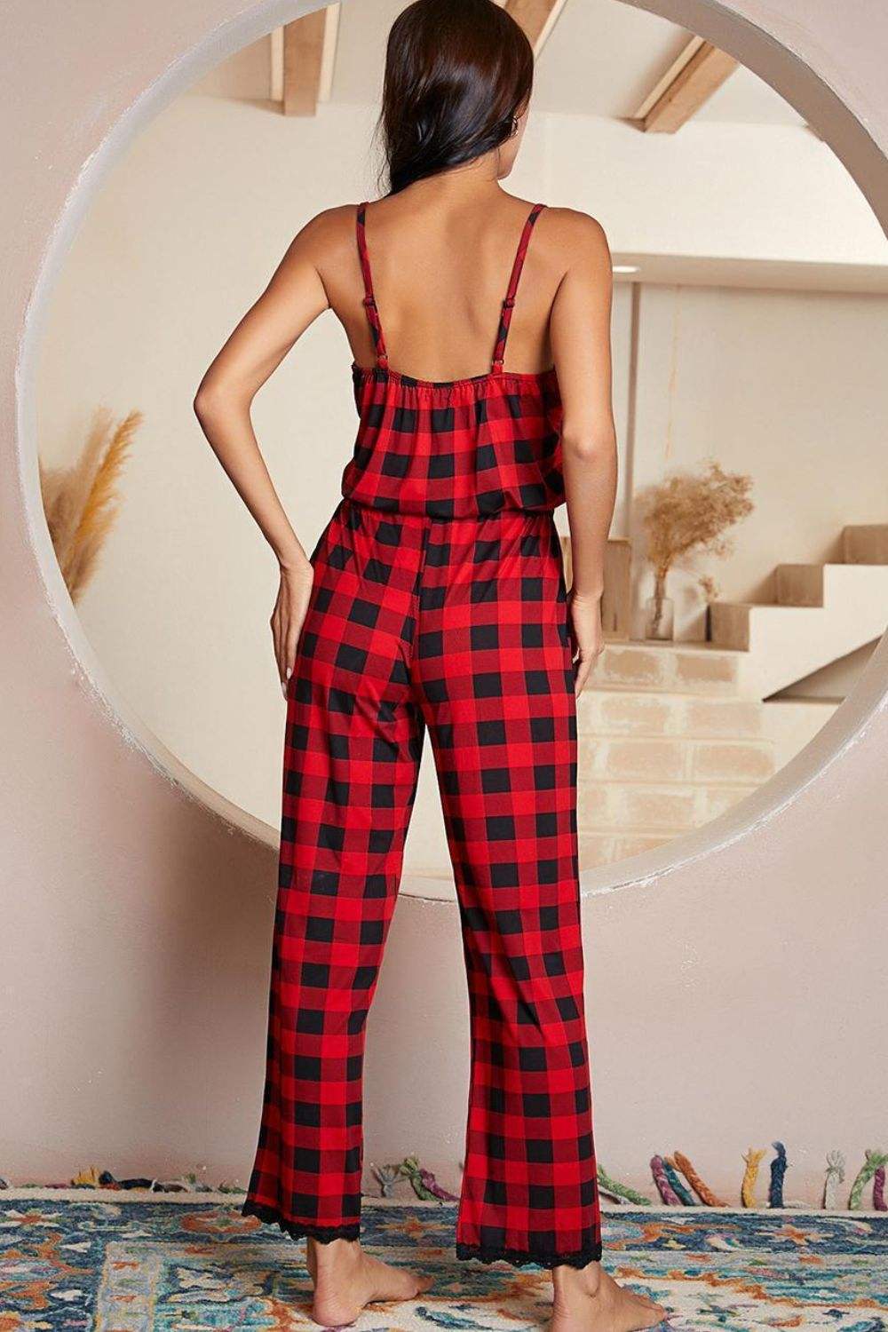 Plaid Lace Trim Spaghetti Strap Jumpsuit - Rosey's Creations