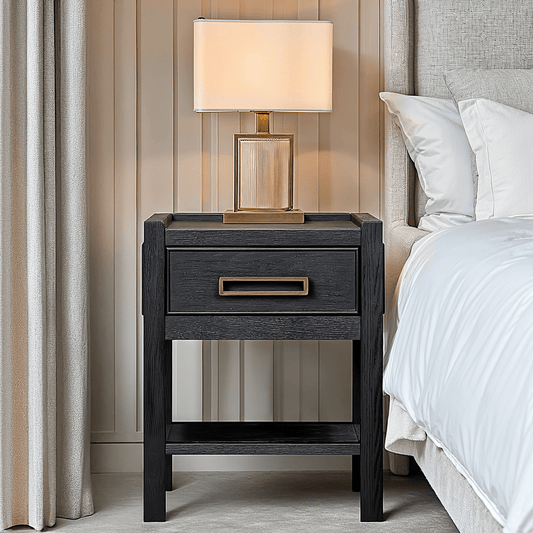 Soho Black Oak Veneer 1 Drawer Bedside Table.