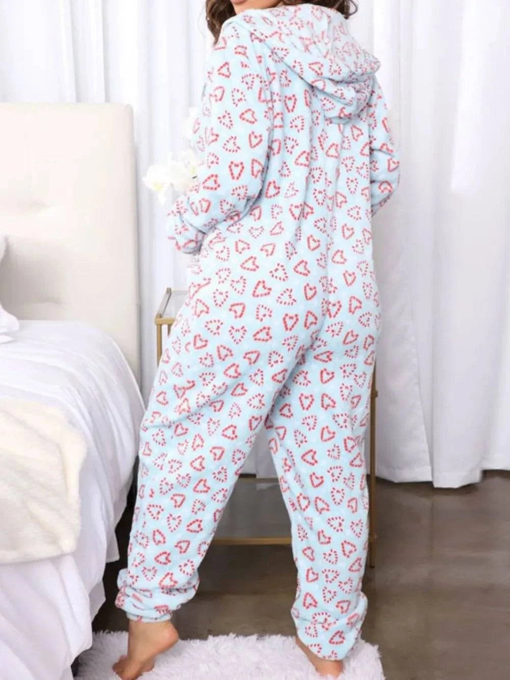 Printed Zip Up Long Sleeve Hooded Lounge Jumpsuit - Rosey's Creations