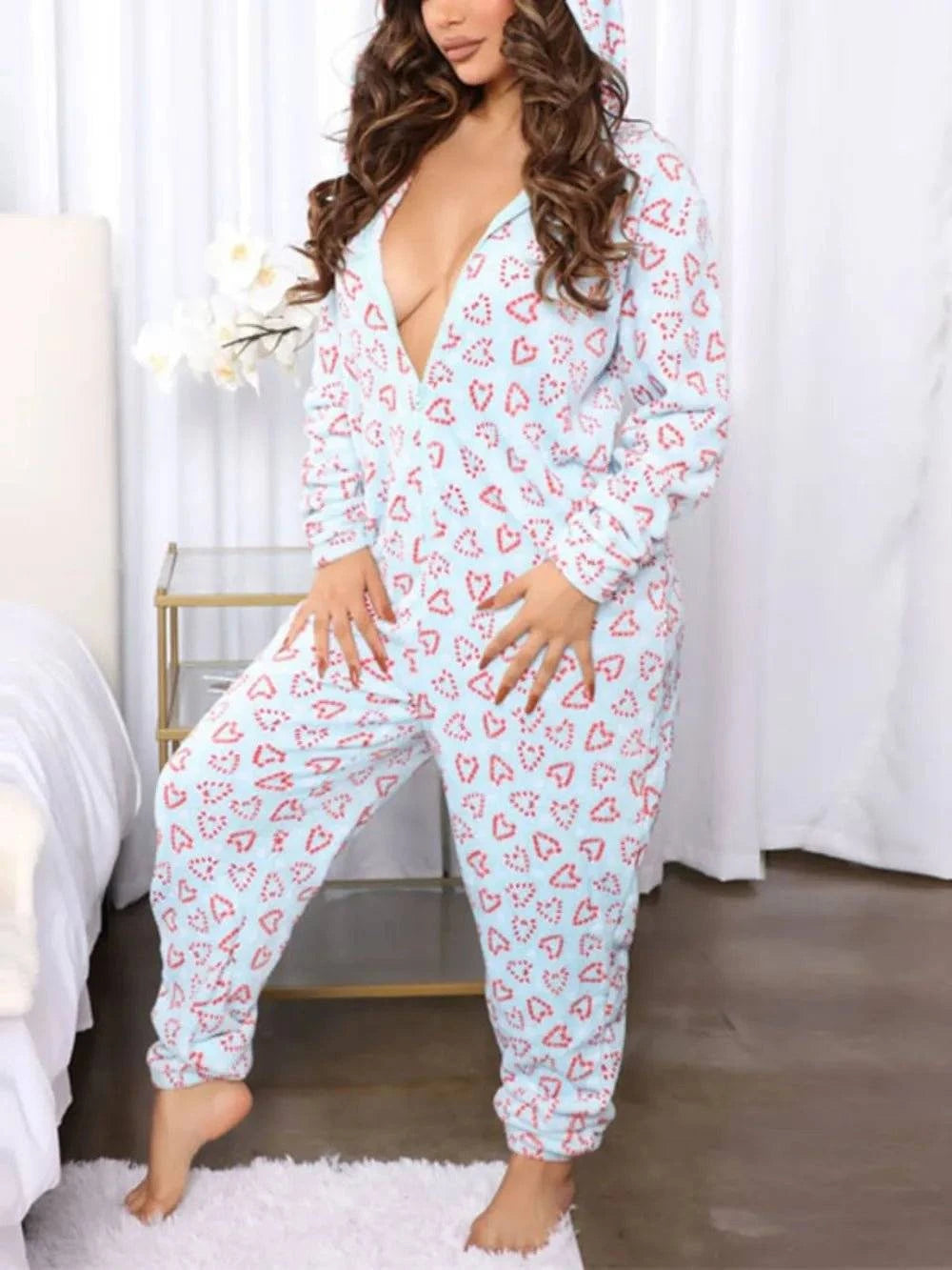 Printed Zip Up Long Sleeve Hooded Lounge Jumpsuit - Rosey's Creations