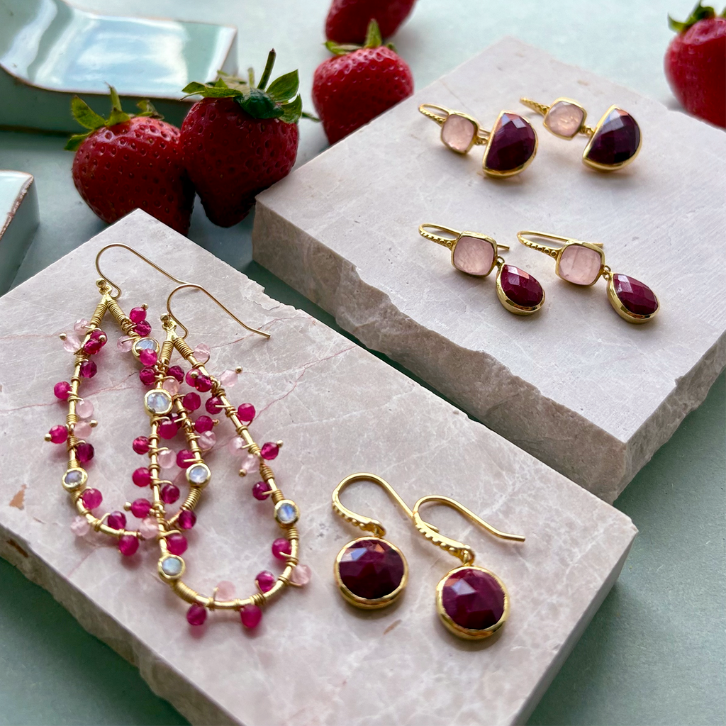 Charis Round Gemstone Earrings Ruby Quartz Azuni London