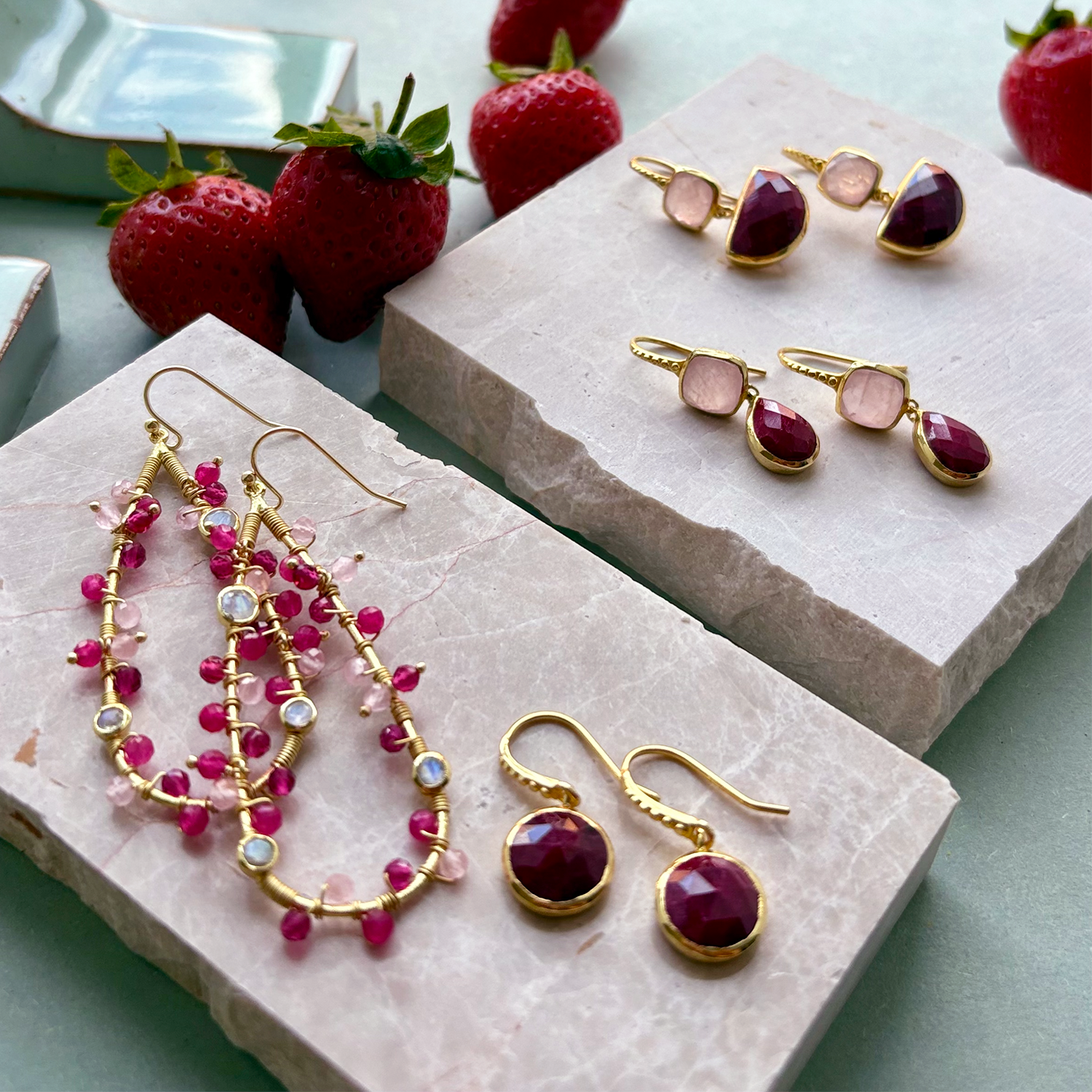 Charis Round Gemstone Earrings Ruby Quartz Azuni London