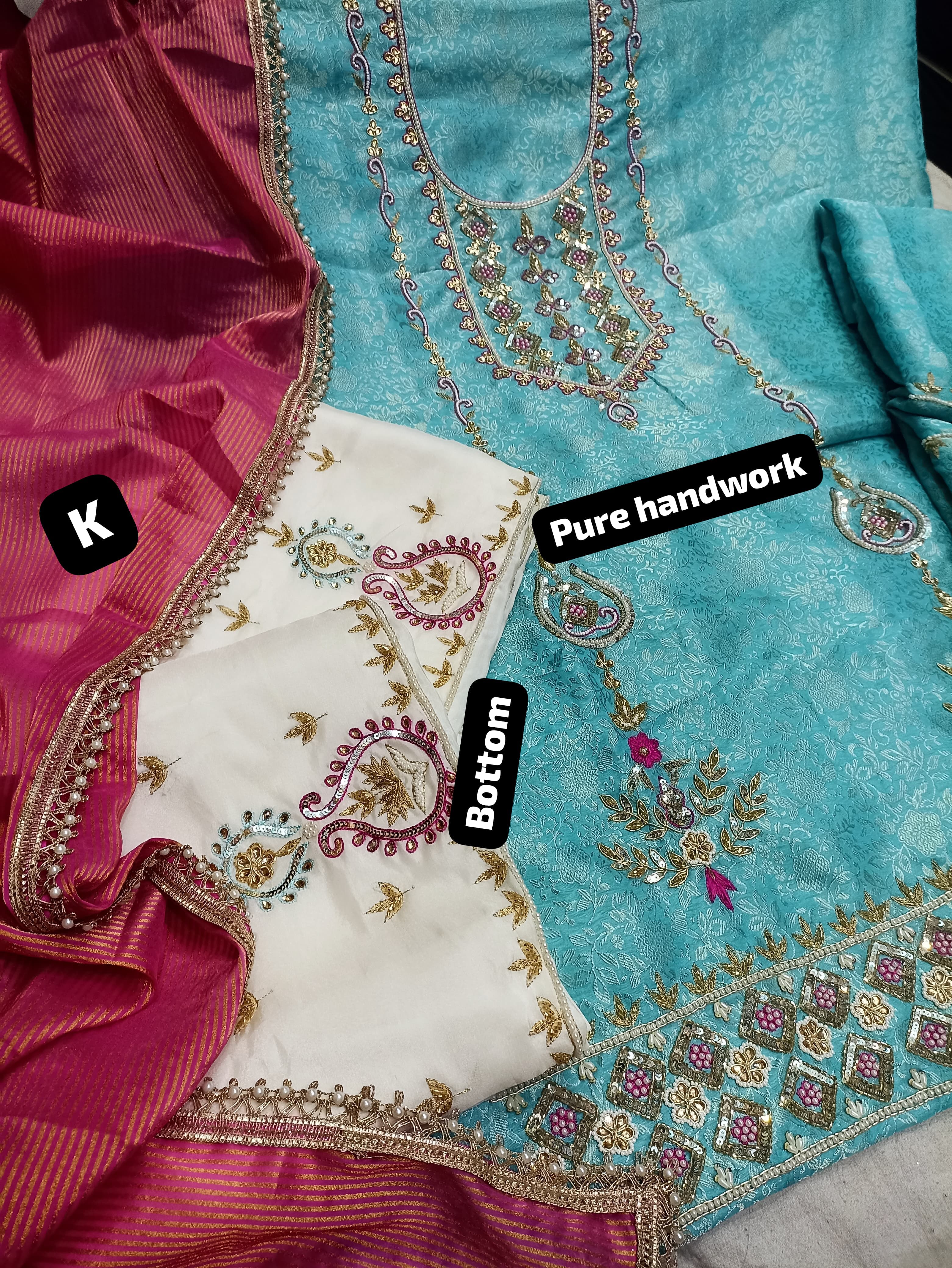 Teal Banarsi Silk Salwar Kameez - Pearl Embroidery Wedding Outfit Rosey's Creations