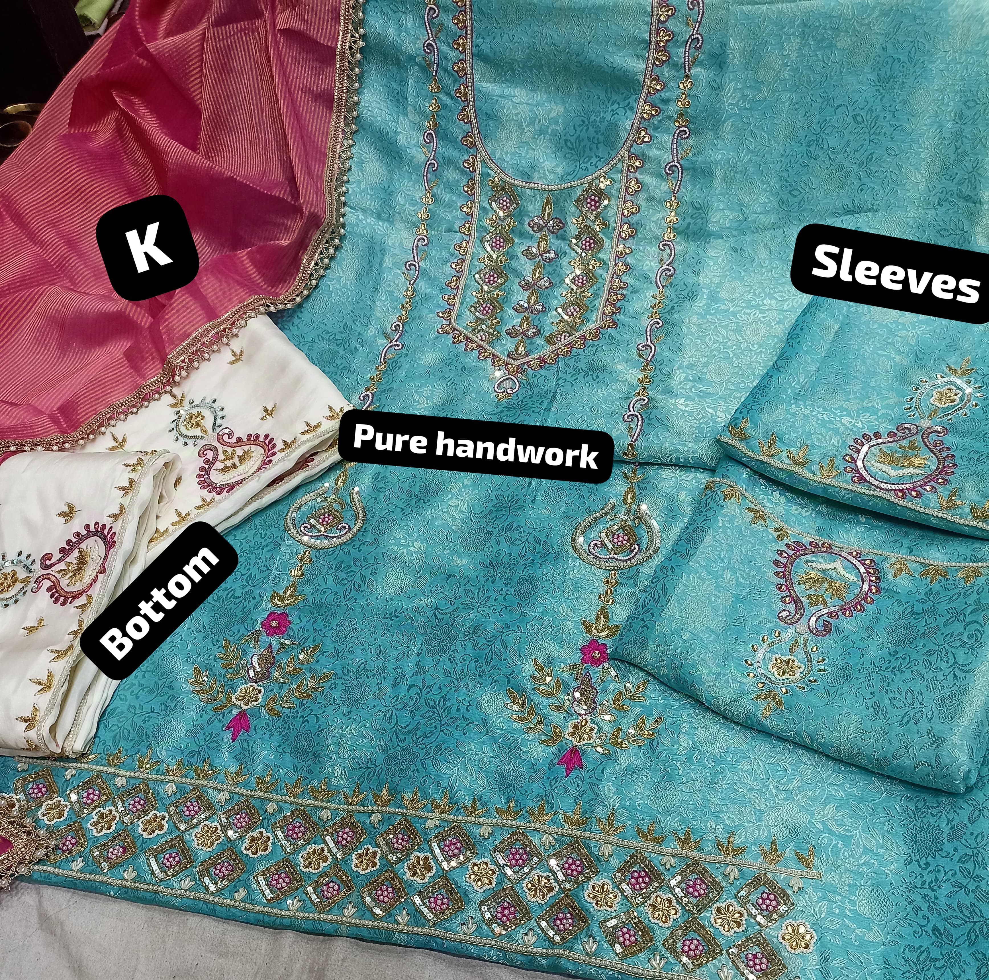 Teal Banarsi Silk Salwar Kameez - Pearl Embroidery Wedding Outfit Rosey's Creations