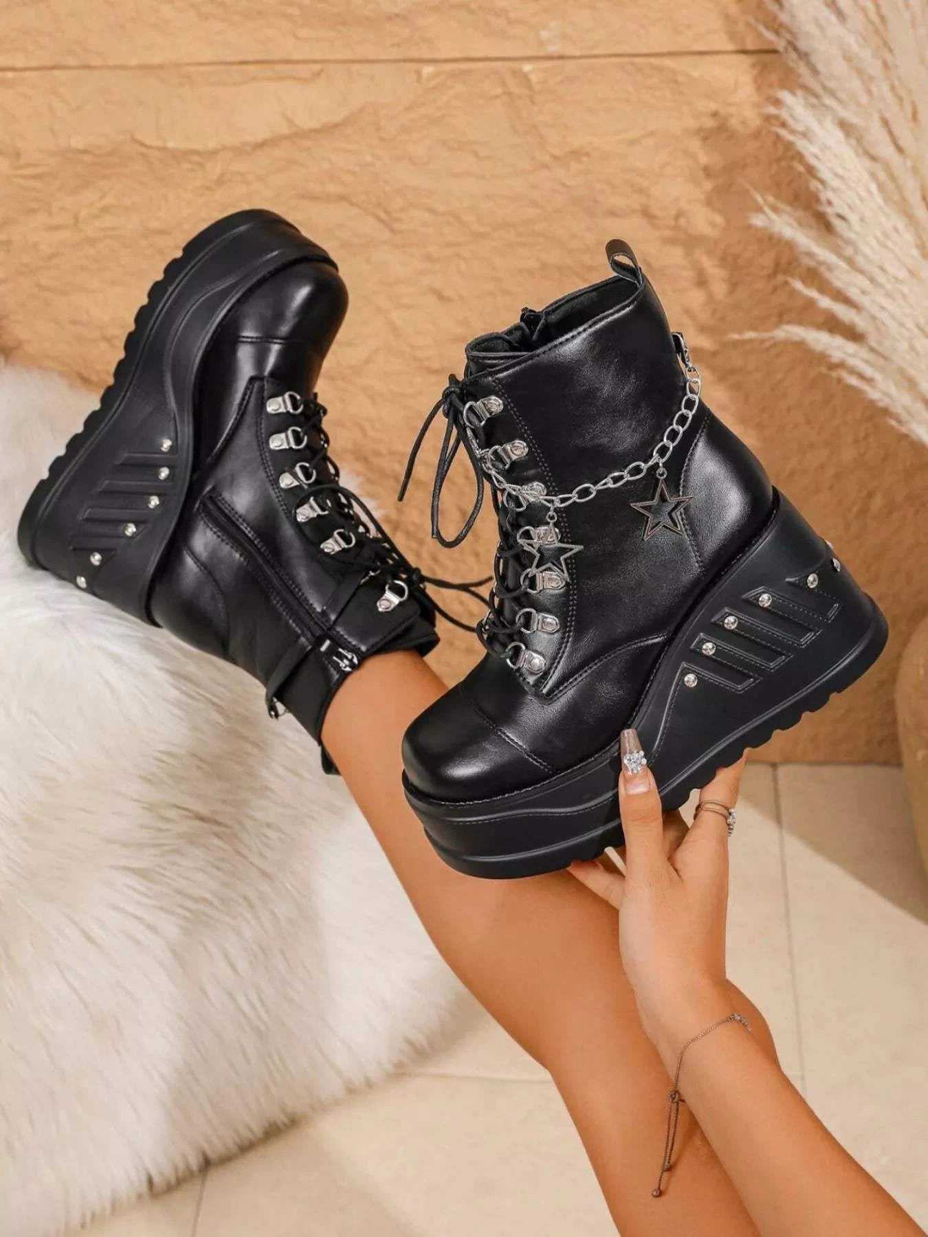 Round Toe Platform Wedge Boots - Rosey's Creations
