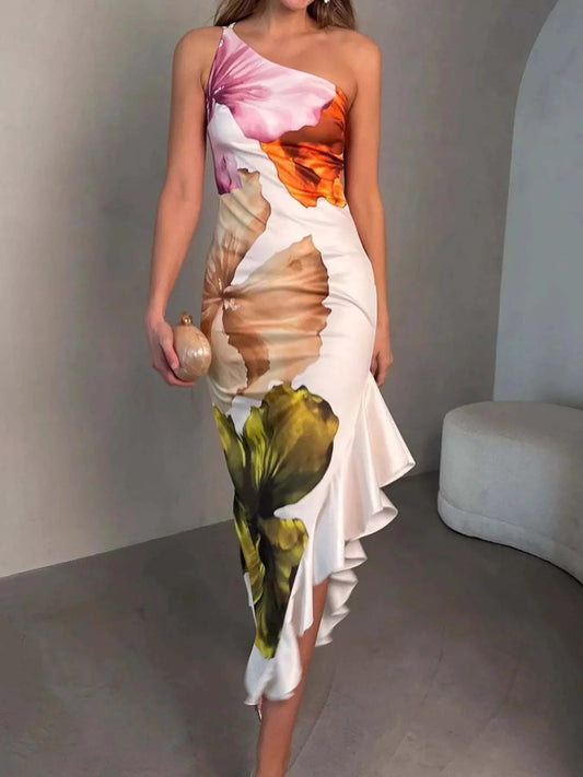 Ruffled Printed Single Shoulder Dress.