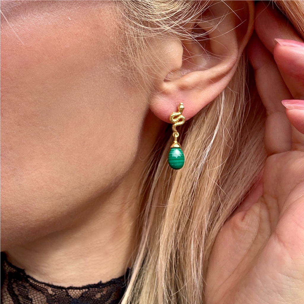 Medusa Small Gemstone Drop Earrings Malachite Azuni London