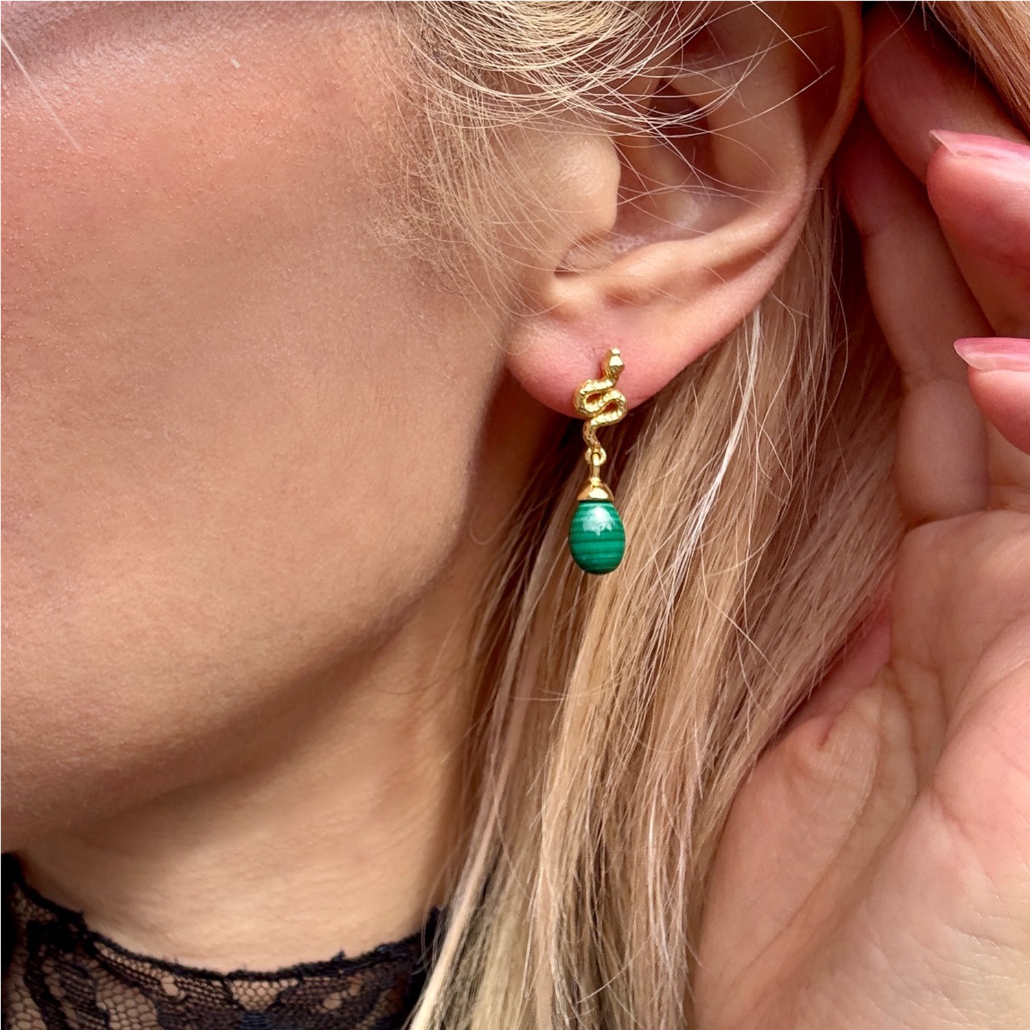 Medusa Small Gemstone Drop Earrings Malachite Azuni London